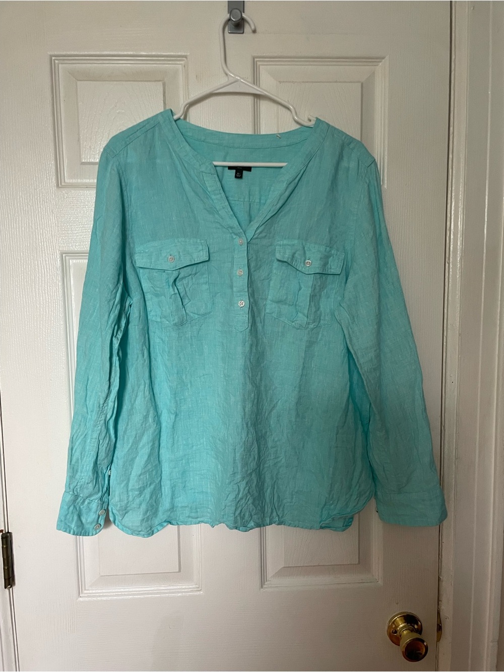 Talbots Aqua Blue Linen V-Neck Henley Tunic Turquoise XLP